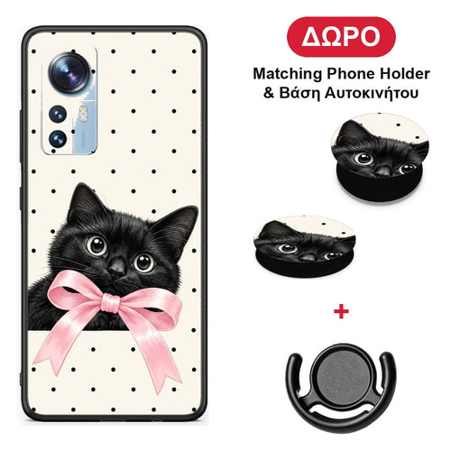 Black Kitten Pink Bow and Polka Dots - Xiaomi 12 / 12X 5G θήκη + Δώρο Phone Holder & Βάση Αυτοκινήτου