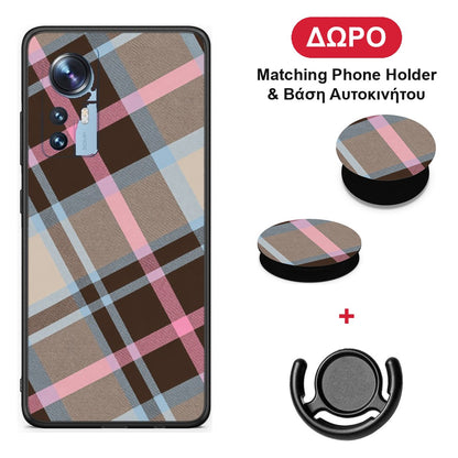 Brown Pink and Blue Diagonal Plaid - Xiaomi 12 / 12X 5G θήκη + Δώρο Phone Holder & Βάση Αυτοκινήτου