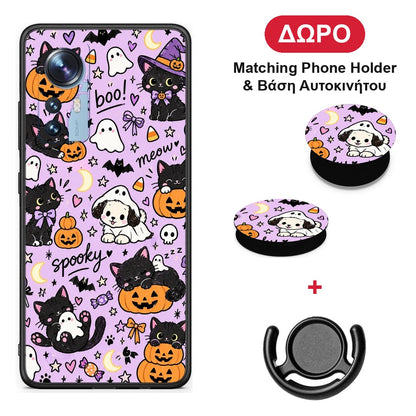 Halloween Black Cats on Lilac - Xiaomi 12 / 12X 5G θήκη + Δώρο Phone Holder & Βάση Αυτοκινήτου