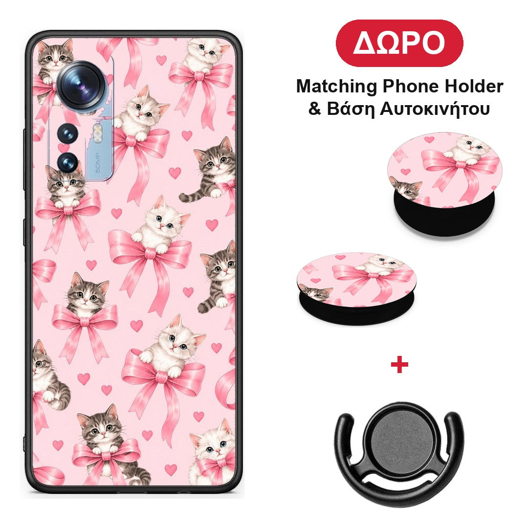 Kittens and Pink Bows on Pink - Xiaomi 12 / 12X 5G θήκη + Δώρο Phone Holder & Βάση Αυτοκινήτου