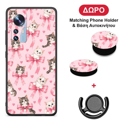 Kittens and Pink Bows on Pink - Xiaomi 12 / 12X 5G θήκη + Δώρο Phone Holder & Βάση Αυτοκινήτου