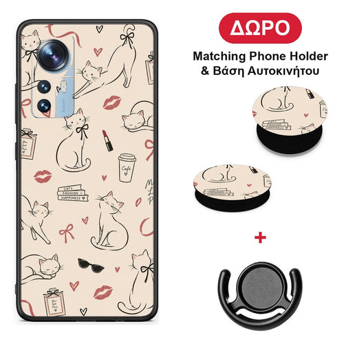 Minimal Cat and Fashion Doodles on Cream - Xiaomi 12 / 12X 5G θήκη + Δώρο Phone Holder & Βάση Αυτοκινήτου
