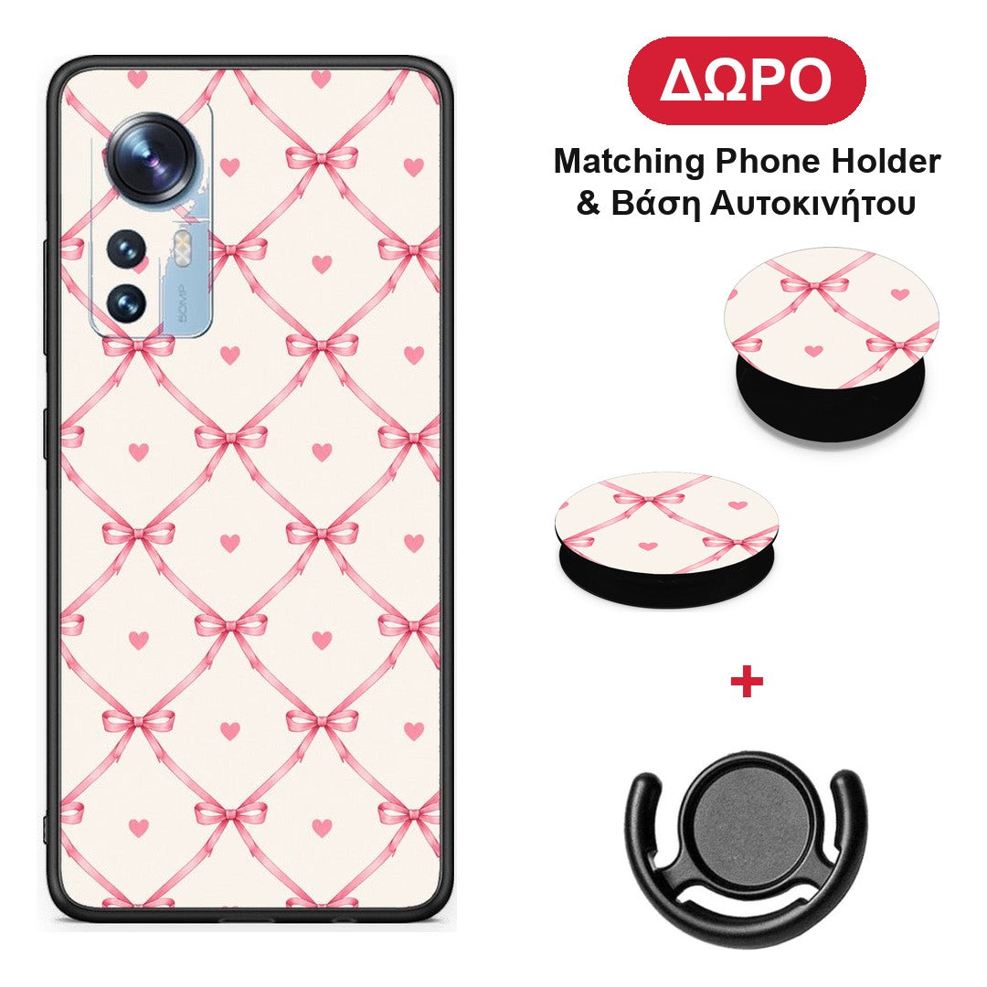Pink Bow Lattice and Hearts on Cream - Xiaomi 12 / 12X 5G θήκη + Δώρο Phone Holder & Βάση Αυτοκινήτου
