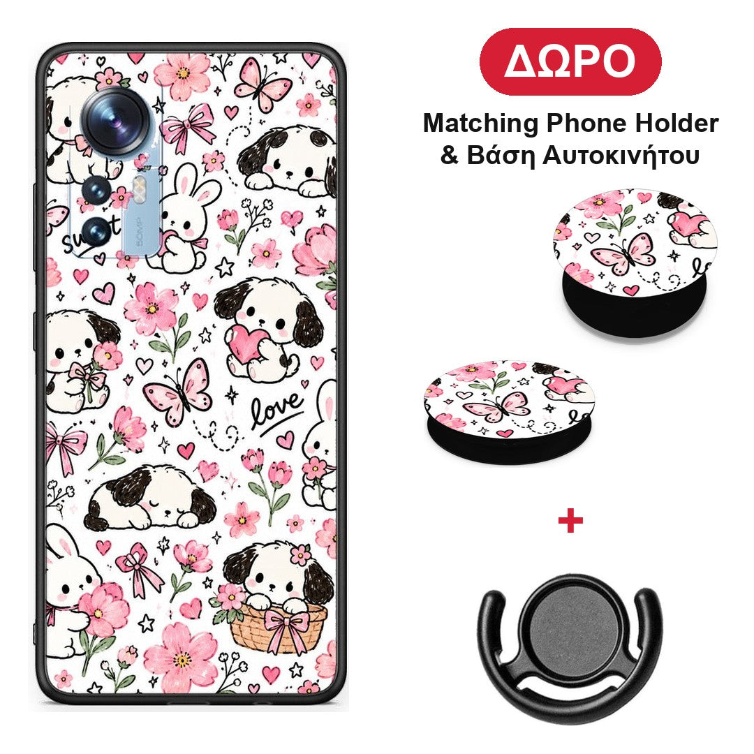 Pink Florals Puppies and Bunnies on White - Xiaomi 12 / 12X 5G θήκη + Δώρο Phone Holder & Βάση Αυτοκινήτου