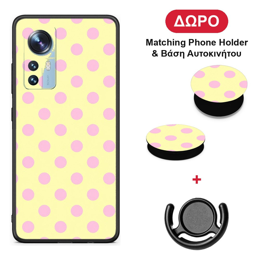 Pink Polka Dots on Yellow - Xiaomi 12 / 12X 5G θήκη + Δώρο Phone Holder & Βάση Αυτοκινήτου