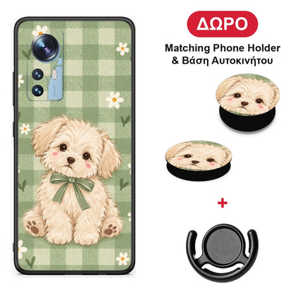 Puppy and Daisies on Sage Gingham - Xiaomi 12 / 12X 5G θήκη + Δώρο Phone Holder & Βάση Αυτοκινήτου