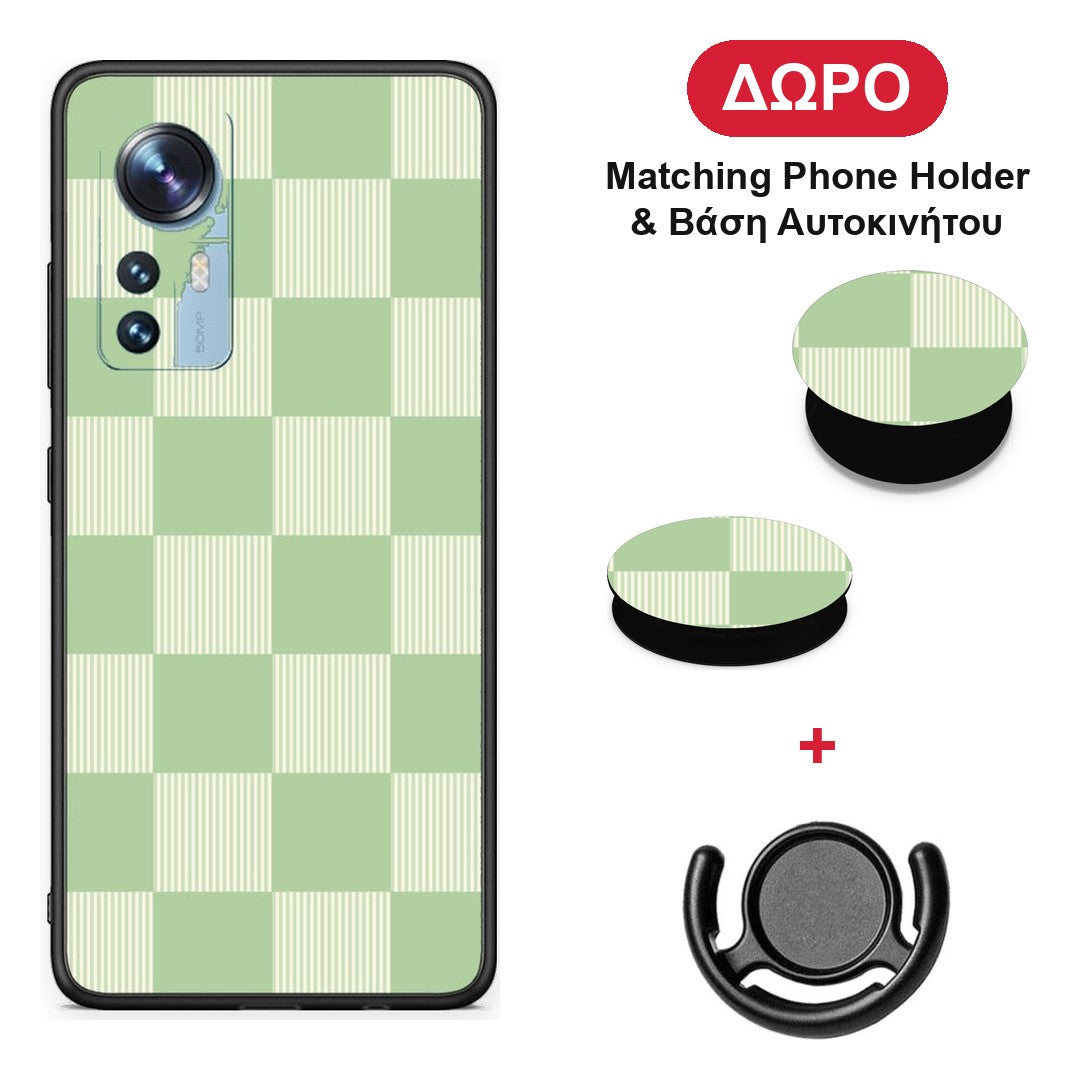 Sage and Cream Striped Checks - Xiaomi 12 / 12X 5G θήκη + Δώρο Phone Holder & Βάση Αυτοκινήτου