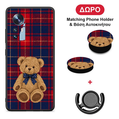 Teddy Bear on Red and Navy Tartan - Xiaomi 12 / 12X 5G θήκη + Δώρο Phone Holder & Βάση Αυτοκινήτου