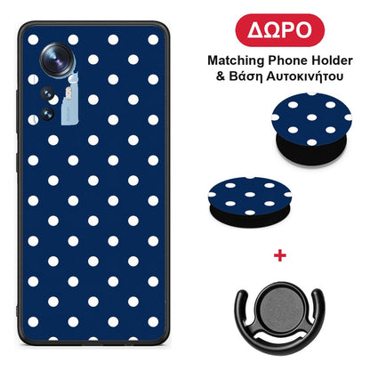 White Small Polka Dots on Navy - Xiaomi 12 / 12X 5G θήκη + Δώρο Phone Holder & Βάση Αυτοκινήτου
