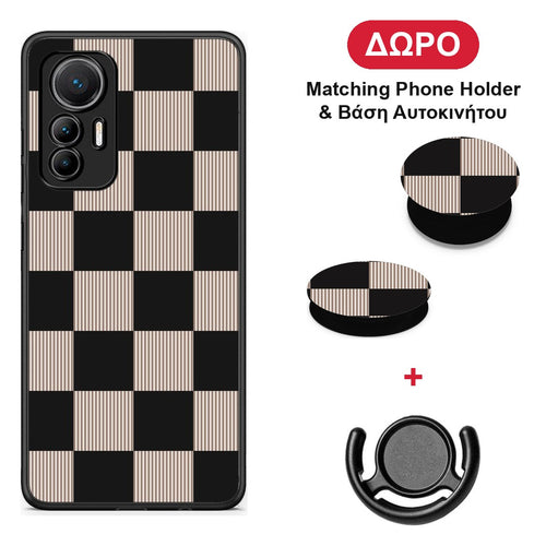 Black and Taupe Striped Checks - Xiaomi 12 Lite 5G θήκη + Δώρο Phone Holder & Βάση Αυτοκινήτου
