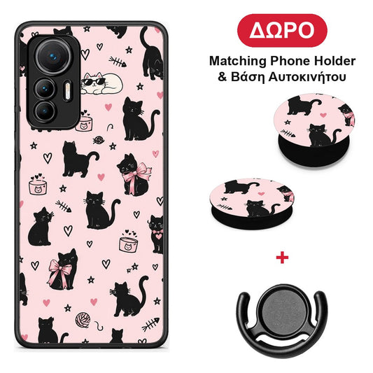Black Cat Doodles on Pink - Xiaomi 12 Lite 5G θήκη + Δώρο Phone Holder & Βάση Αυτοκινήτου