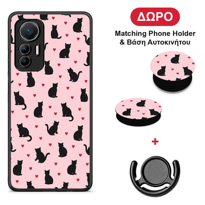 Black Cat Silhouettes and Hearts on Pink - Xiaomi 12 Lite 5G θήκη + Δώρο Phone Holder & Βάση Αυτοκινήτου