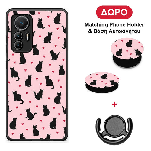 Black Cat Silhouettes and Hearts on Pink - Xiaomi 12 Lite 5G θήκη + Δώρο Phone Holder & Βάση Αυτοκινήτου