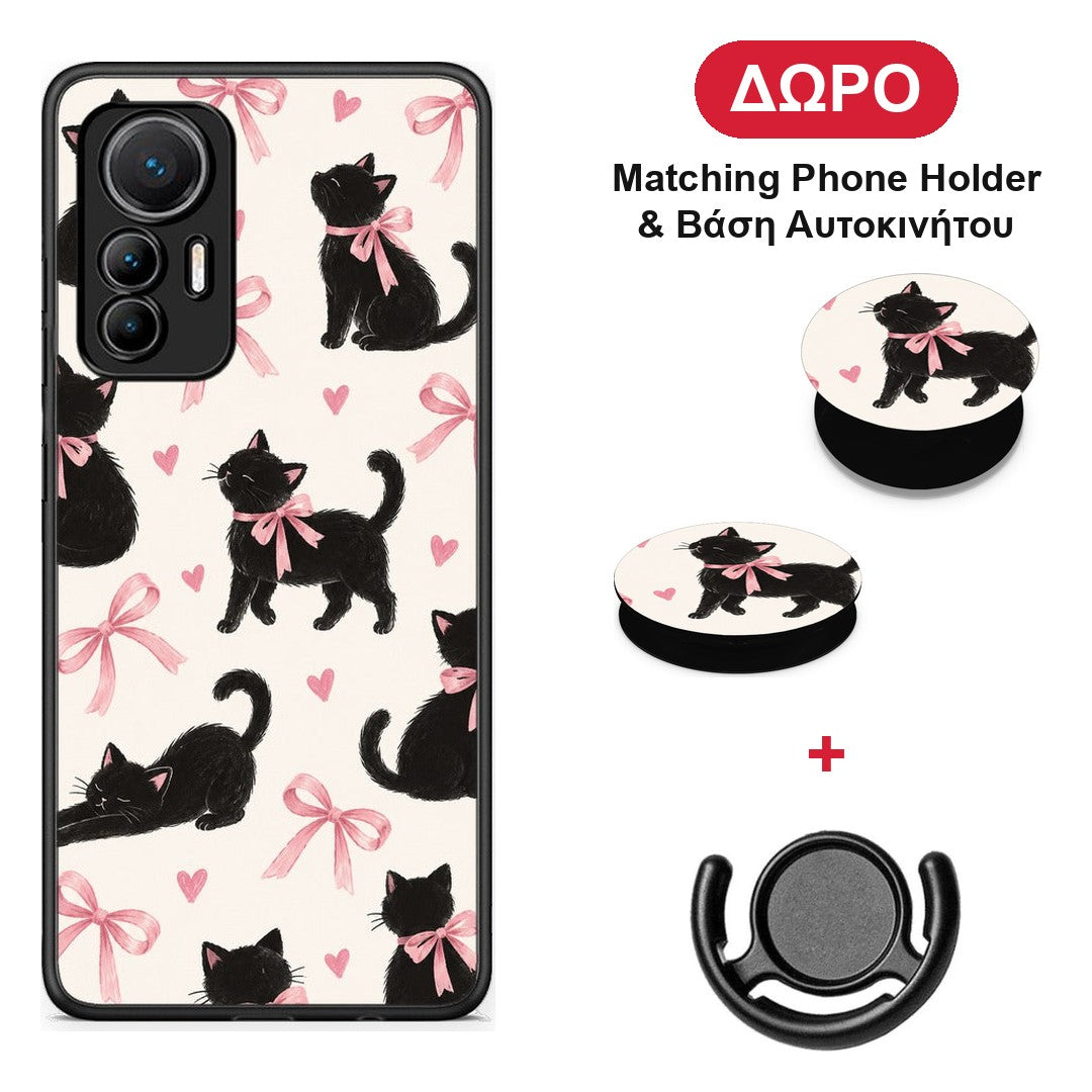 Black Kittens and Pink Bows on Cream Large - Xiaomi 12 Lite 5G θήκη + Δώρο Phone Holder & Βάση Αυτοκινήτου