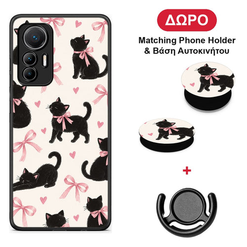Black Kittens and Pink Bows on Cream Large - Xiaomi 12 Lite 5G θήκη + Δώρο Phone Holder & Βάση Αυτοκινήτου