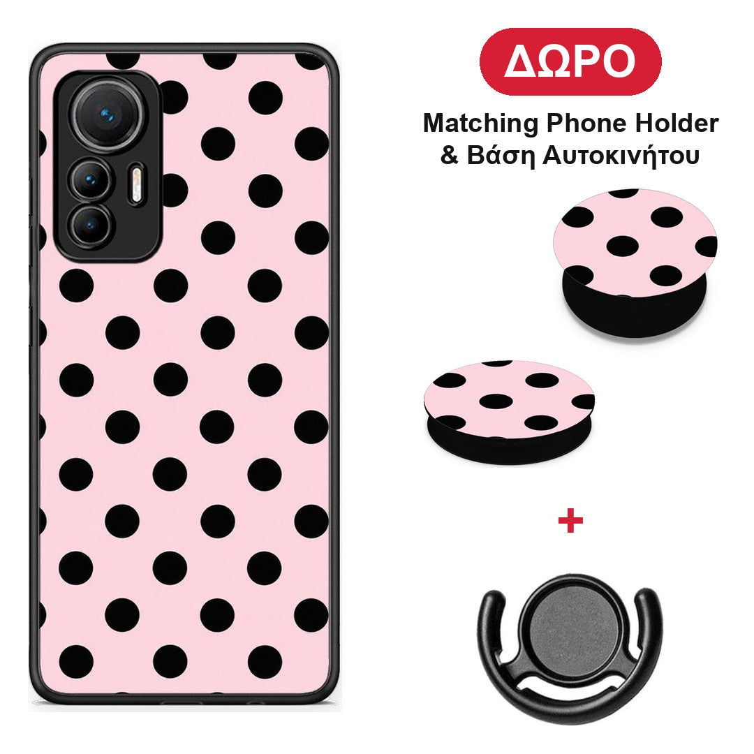 Black Polka Dots on Pink - Xiaomi 12 Lite 5G θήκη + Δώρο Phone Holder & Βάση Αυτοκινήτου