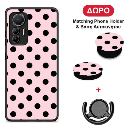 Black Polka Dots on Pink - Xiaomi 12 Lite 5G θήκη + Δώρο Phone Holder & Βάση Αυτοκινήτου
