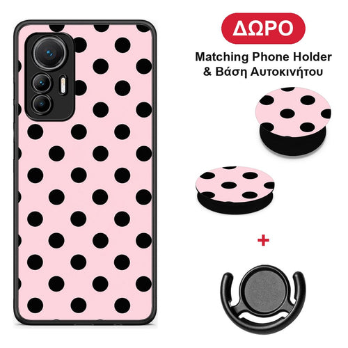 Black Polka Dots on Pink - Xiaomi 12 Lite 5G θήκη + Δώρο Phone Holder & Βάση Αυτοκινήτου