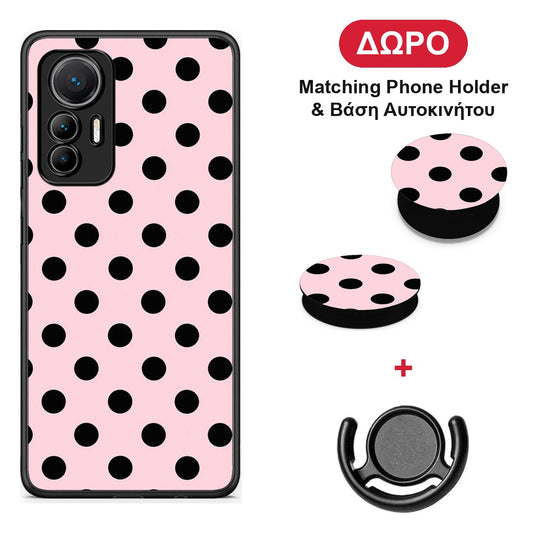 Black Polka Dots on Pink - Xiaomi 12 Lite 5G θήκη + Δώρο Phone Holder & Βάση Αυτοκινήτου