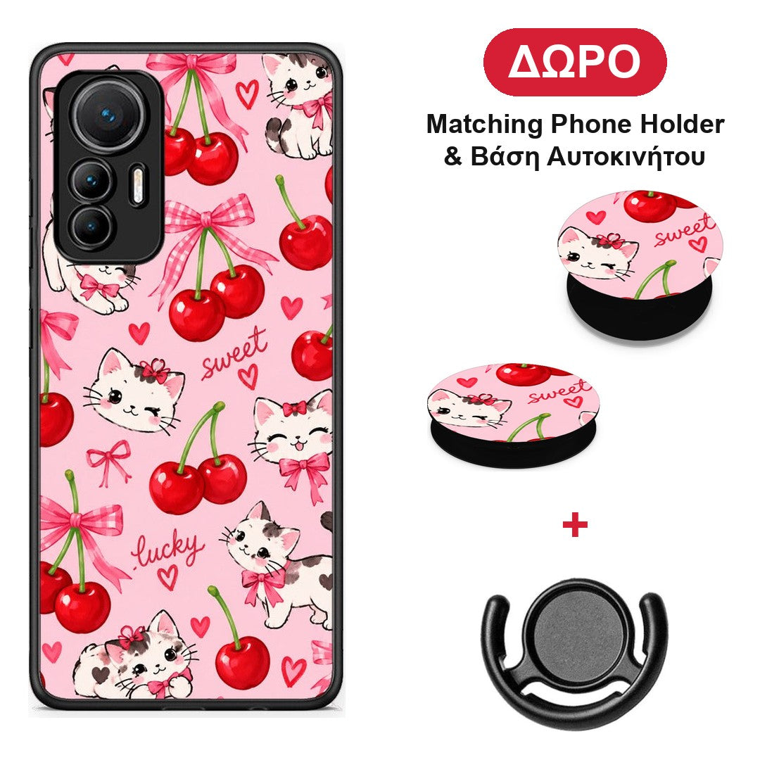 Cherries Bows and Kittens on Pink - Xiaomi 12 Lite 5G θήκη + Δώρο Phone Holder & Βάση Αυτοκινήτου