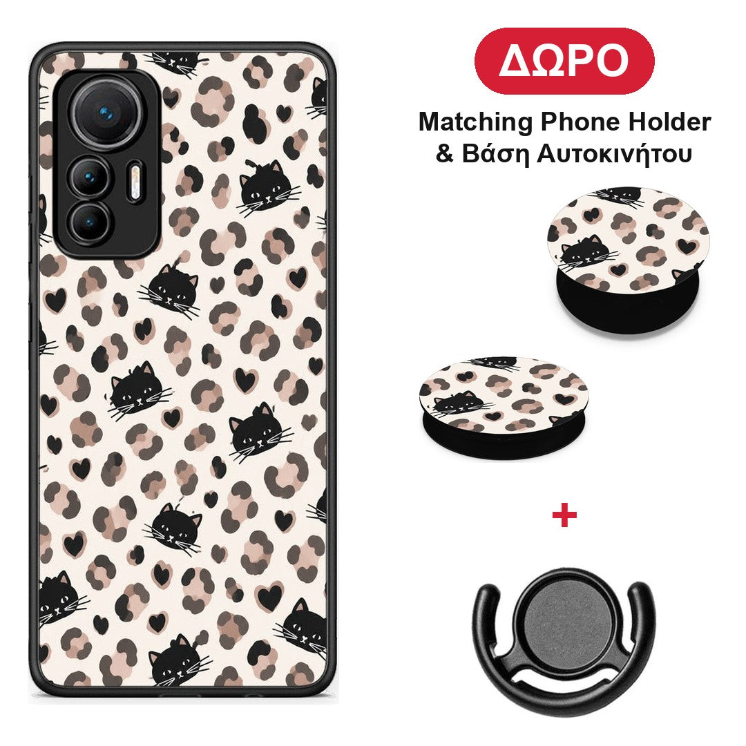 Leopard Spots and Black Cats on Cream - Xiaomi 12 Lite 5G θήκη + Δώρο Phone Holder & Βάση Αυτοκινήτου