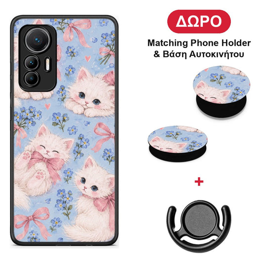 White Kittens and Blue Flowers Large - Xiaomi 12 Lite 5G θήκη + Δώρο Phone Holder & Βάση Αυτοκινήτου