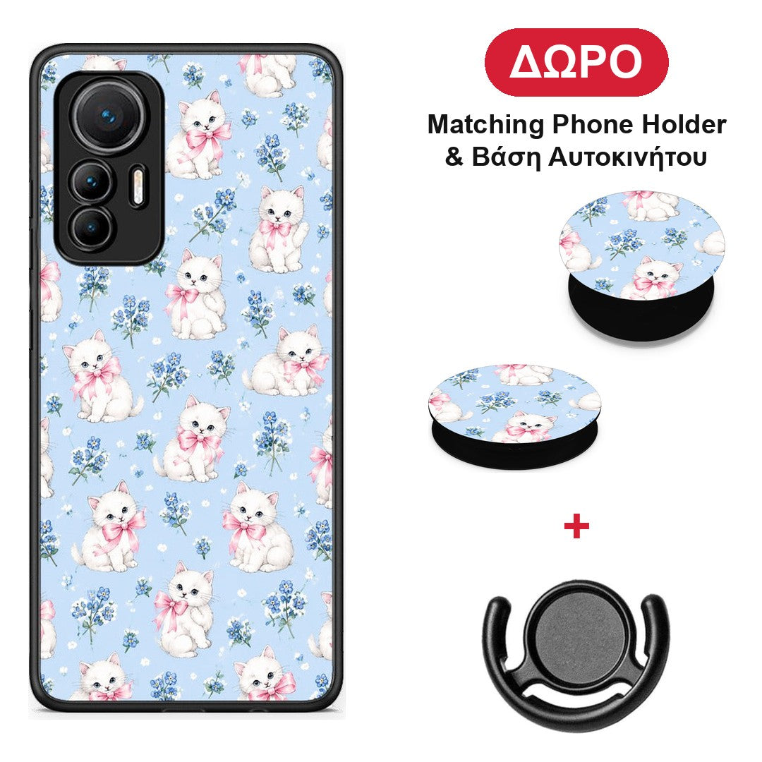 White Kittens and Blue Flowers Small - Xiaomi 12 Lite 5G θήκη + Δώρο Phone Holder & Βάση Αυτοκινήτου