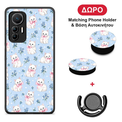 White Kittens and Blue Flowers Small - Xiaomi 12 Lite 5G θήκη + Δώρο Phone Holder & Βάση Αυτοκινήτου