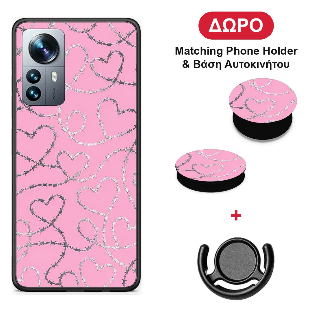 Barbed Wire Hearts on Pink - Xiaomi 12 Pro θήκη + Δώρο Phone Holder & Βάση Αυτοκινήτου