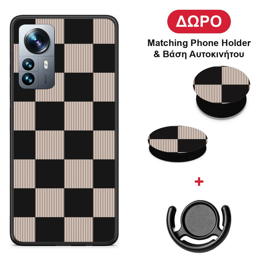 Black and Taupe Striped Checks - Xiaomi 12 Pro θήκη + Δώρο Phone Holder & Βάση Αυτοκινήτου