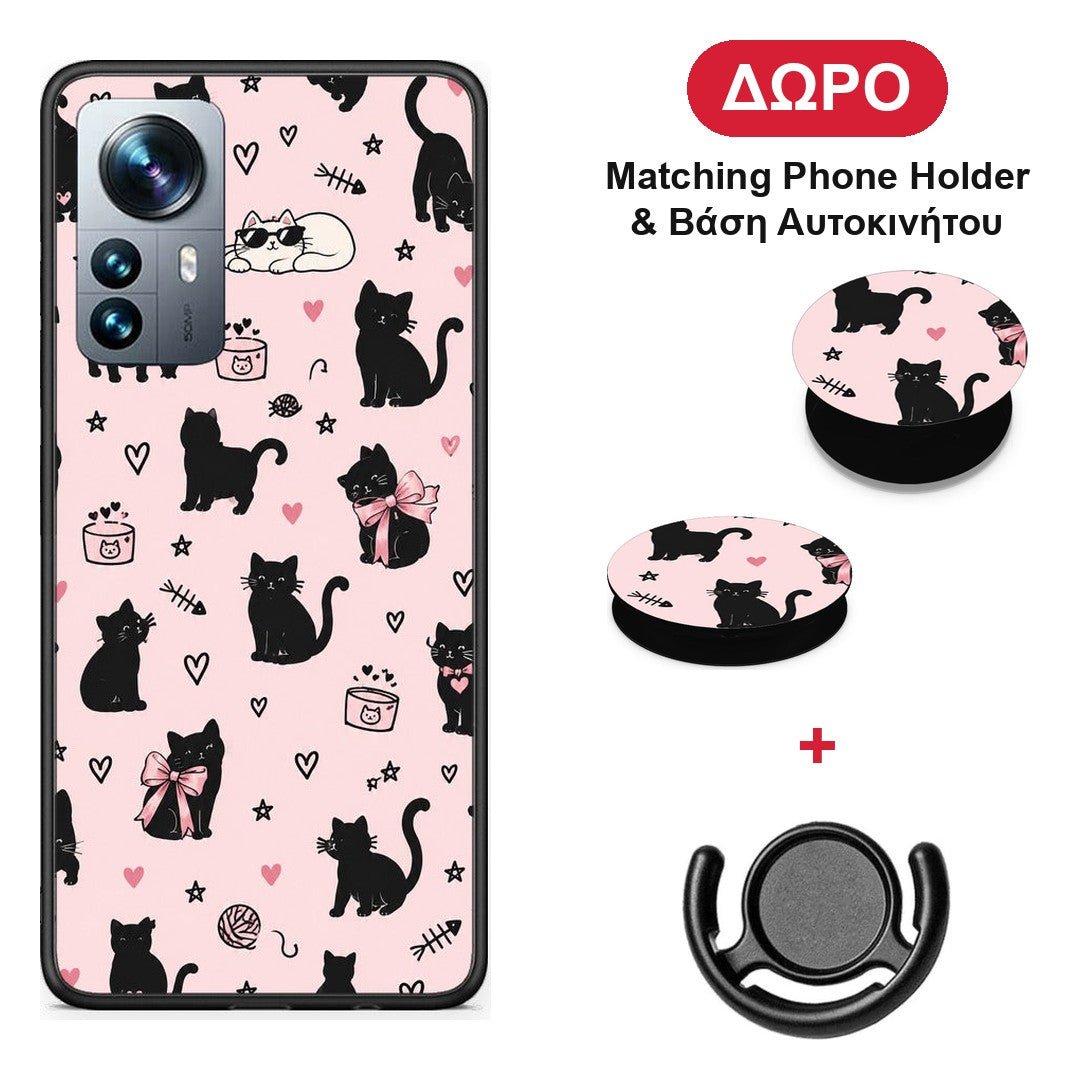 Black Cat Doodles on Pink - Xiaomi 12 Pro θήκη + Δώρο Phone Holder & Βάση Αυτοκινήτου