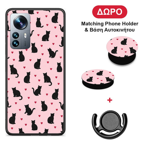 Black Cat Silhouettes and Hearts on Pink - Xiaomi 12 Pro θήκη + Δώρο Phone Holder & Βάση Αυτοκινήτου