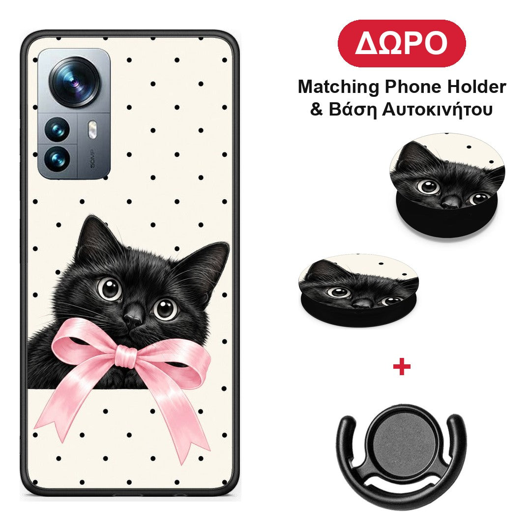 Black Kitten Pink Bow and Polka Dots - Xiaomi 12 Pro θήκη + Δώρο Phone Holder & Βάση Αυτοκινήτου