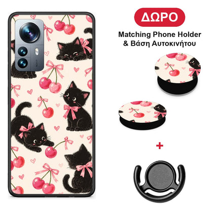 Black Kittens and Cherries on Cream - Xiaomi 12 Pro θήκη + Δώρο Phone Holder & Βάση Αυτοκινήτου