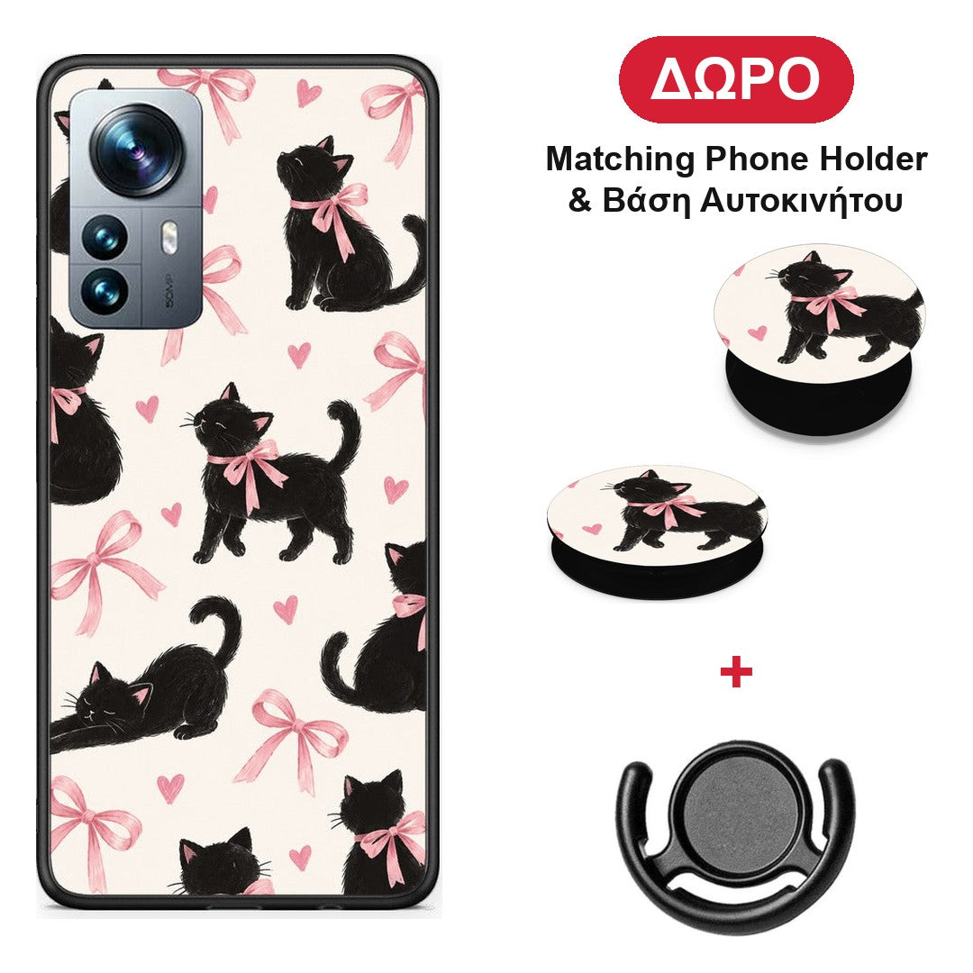 Black Kittens and Pink Bows on Cream Large - Xiaomi 12 Pro θήκη + Δώρο Phone Holder & Βάση Αυτοκινήτου