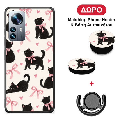 Black Kittens and Pink Bows on Cream Large - Xiaomi 12 Pro θήκη + Δώρο Phone Holder & Βάση Αυτοκινήτου