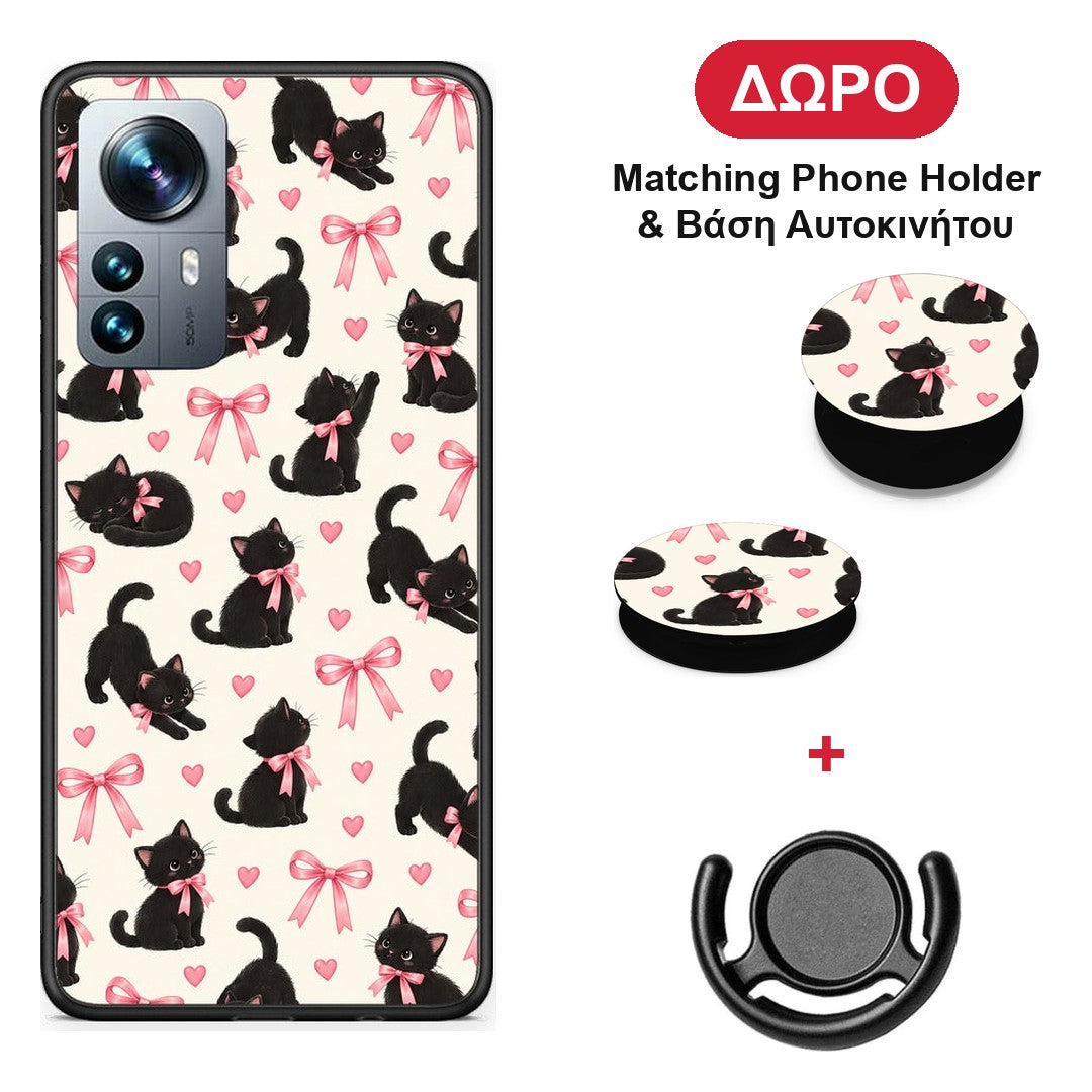 Black Kittens and Pink Bows on Cream Small - Xiaomi 12 Pro θήκη + Δώρο Phone Holder & Βάση Αυτοκινήτου