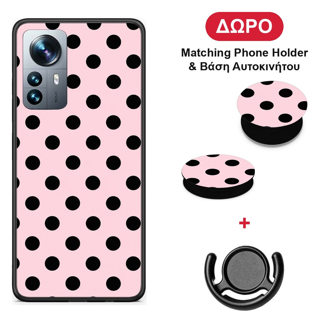 Black Polka Dots on Pink - Xiaomi 12 Pro θήκη + Δώρο Phone Holder & Βάση Αυτοκινήτου