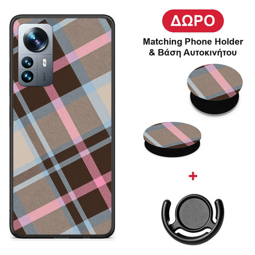 Brown Pink and Blue Diagonal Plaid - Xiaomi 12 Pro θήκη + Δώρο Phone Holder & Βάση Αυτοκινήτου