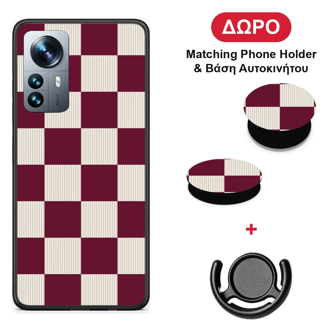 Burgundy and Cream Striped Checks - Xiaomi 12 Pro θήκη + Δώρο Phone Holder & Βάση Αυτοκινήτου