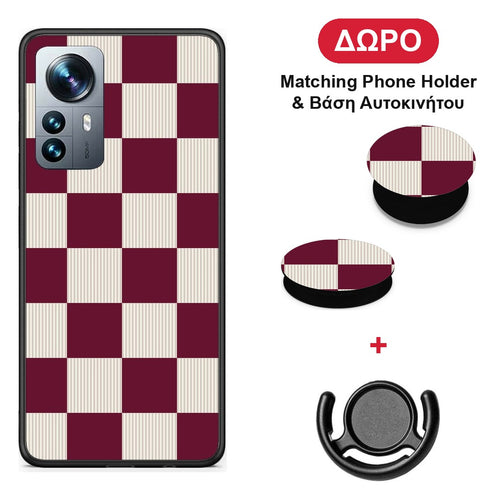Burgundy and Cream Striped Checks - Xiaomi 12 Pro θήκη + Δώρο Phone Holder & Βάση Αυτοκινήτου