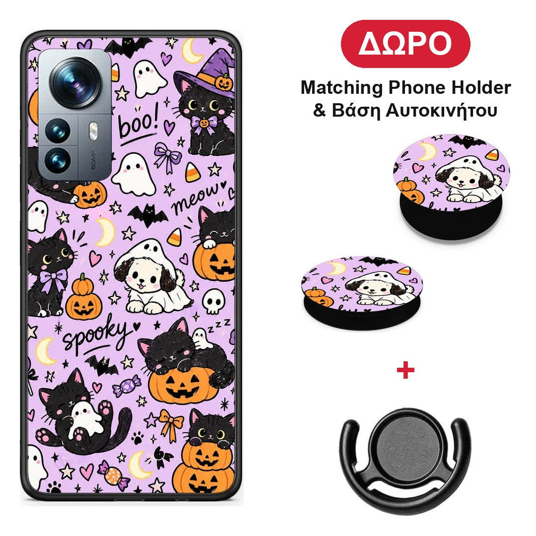 Halloween Black Cats on Lilac - Xiaomi 12 Pro θήκη + Δώρο Phone Holder & Βάση Αυτοκινήτου