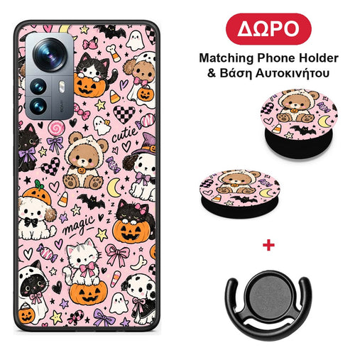 Halloween Cute Animals on Pink - Xiaomi 12 Pro θήκη + Δώρο Phone Holder & Βάση Αυτοκινήτου