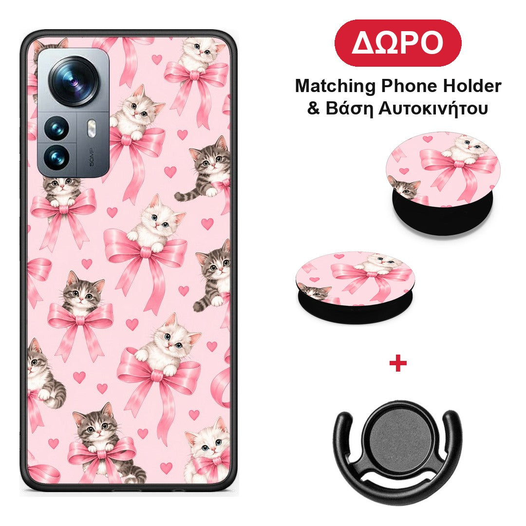 Kittens and Pink Bows on Pink - Xiaomi 12 Pro θήκη + Δώρο Phone Holder & Βάση Αυτοκινήτου