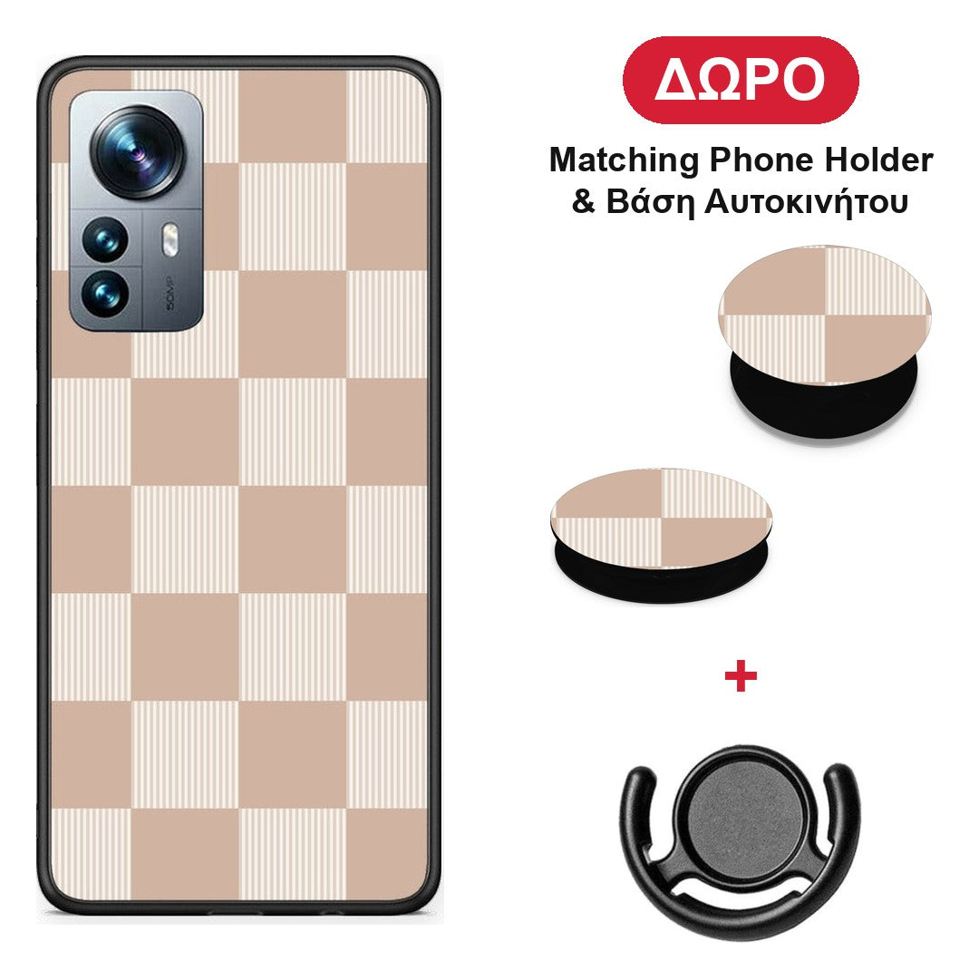 Latte and Cream Striped Checks - Xiaomi 12 Pro θήκη + Δώρο Phone Holder & Βάση Αυτοκινήτου