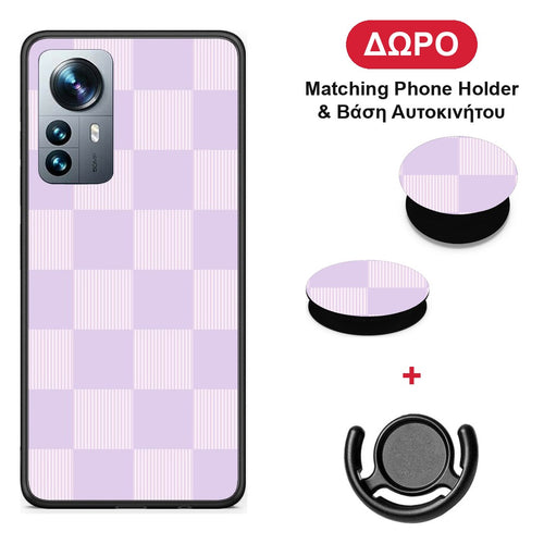 Lilac and Cream Striped Checks - Xiaomi 12 Pro θήκη + Δώρο Phone Holder & Βάση Αυτοκινήτου