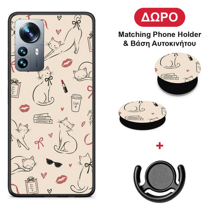 Minimal Cat and Fashion Doodles on Cream - Xiaomi 12 Pro θήκη + Δώρο Phone Holder & Βάση Αυτοκινήτου