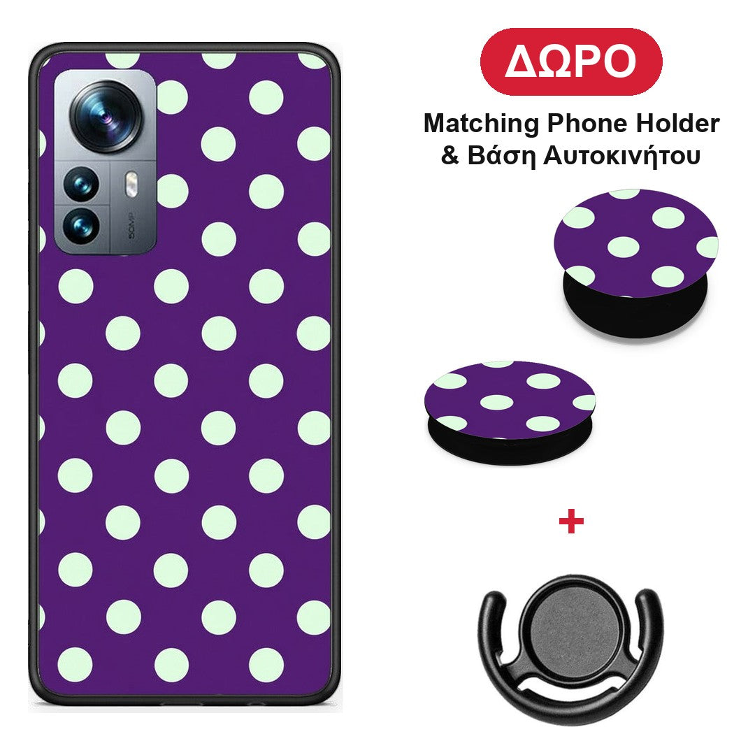 Mint Polka Dots on Purple - Xiaomi 12 Pro θήκη + Δώρο Phone Holder & Βάση Αυτοκινήτου