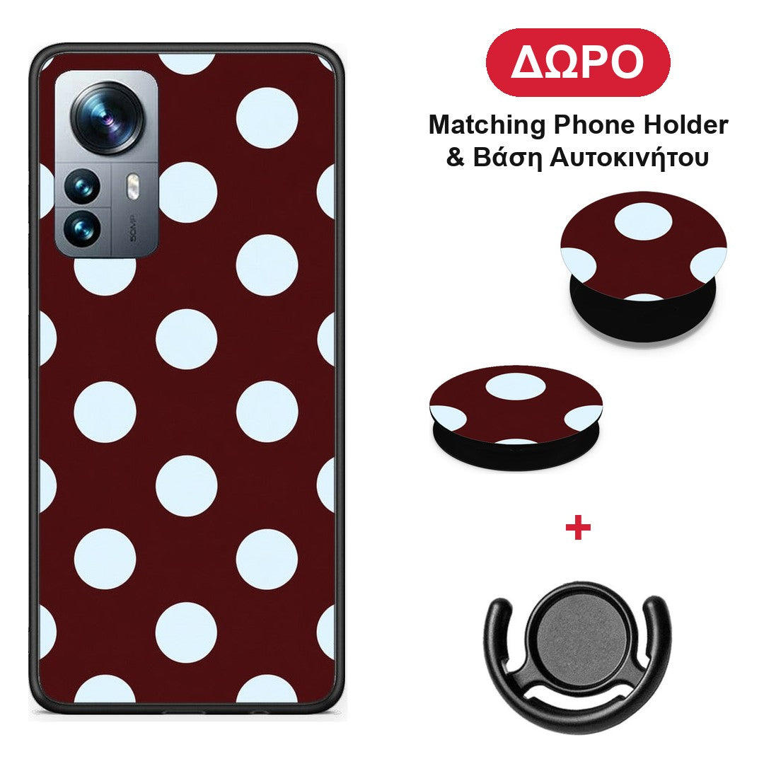 Pale Blue Large Polka Dots on Burgundy - Xiaomi 12 Pro θήκη + Δώρο Phone Holder & Βάση Αυτοκινήτου