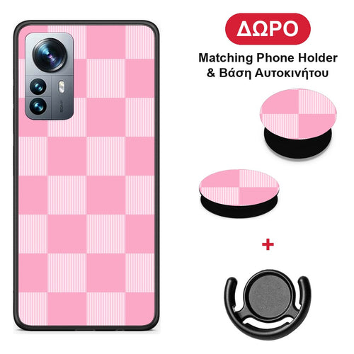 Pink and White Striped Checks - Xiaomi 12 Pro θήκη + Δώρο Phone Holder & Βάση Αυτοκινήτου